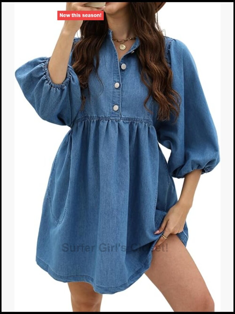 3/4 Puff Sleeve Denim Dress Babydoll Tiered Jean Dress with Pockets